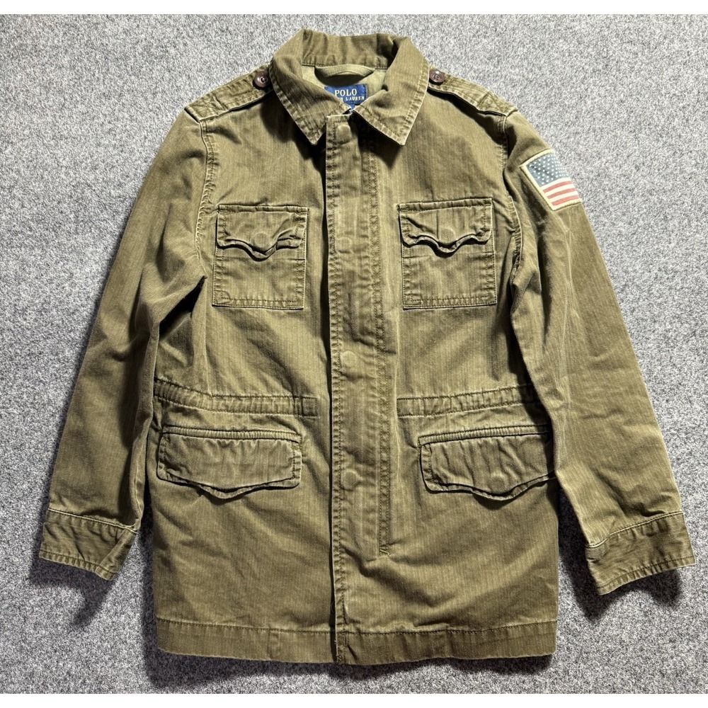 Polo Ralph Lauren Boys Kids Green Cotton Patch Field Coat Jacket Size 7 Military